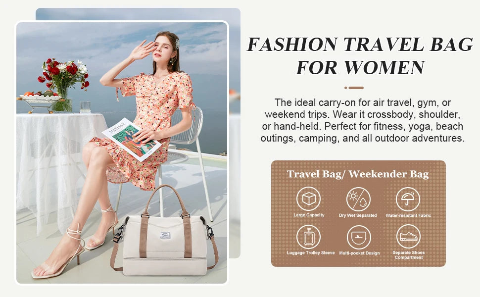 Travel Duffel Bag,Sports Tote Gym Bag Shoulder Weekender Overnight Bag for Women, Carry on Bag with Wet Pocket Expandable Bag