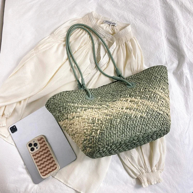 Summer Seaside Beach Bag Hand-woven Large Capacity Straw Tote Bag Gradient Color Design Women 's Travel  Vacation Shoulder Bag
