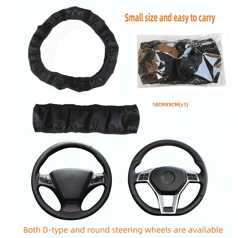 Car Steering Wheel Cover Breathable Anti Slip PU Leather Steering Covers Suitable 37-38.5cm Auto Decoration Carbon Fiber