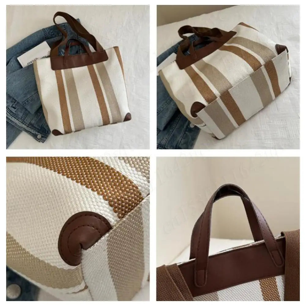 Striped Hobo Shoulder Bags Women Zipper Bucket Bags Canvas Tote Bag Simple Handbag Daily Commuting Bag Travel Top-Handle Bags
