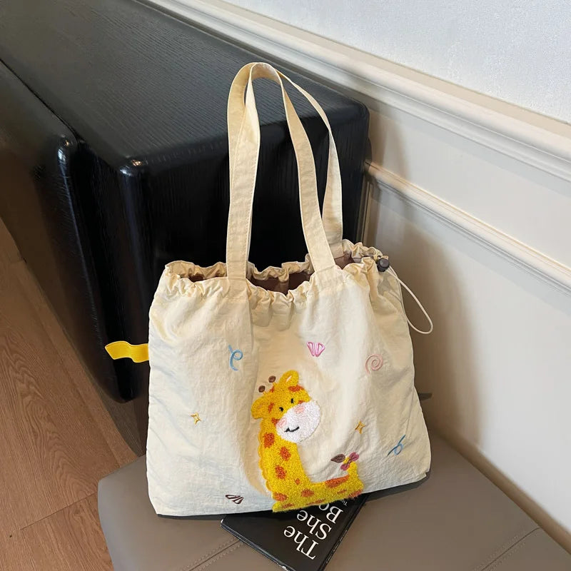 Leisure Large Capacity Single Shoulder Bag Trendy Embroidered Nylon Tote Bag School Style Sweet Handle Bag