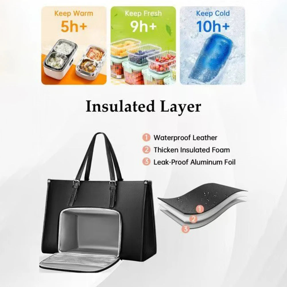 15.6" Laptop Bag with Insulated Lunch Compartment - PU Leather Briefcase for Work, School & Travel (Waterproof, Multi-Pocket)