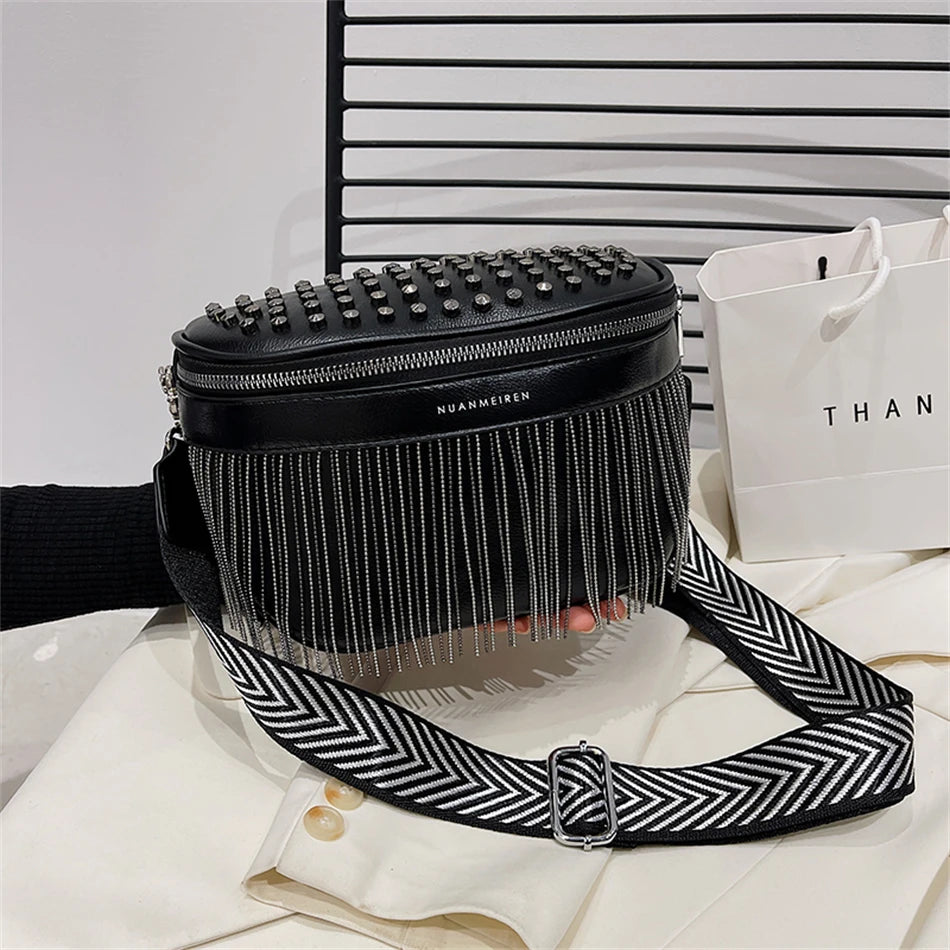 Luxury Woman Chest Bag Fashion Tassel Leather Large Capacity Crossbody Sling Bag Women Waist Bag Casual Rivet Design Travel Sac