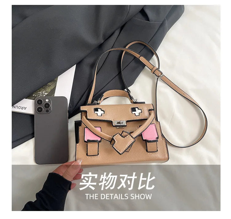 2025 Niche Kelly Bag Womens Mosaic Doll Robot Print Shoulder Crossbody Purse Unique Designer Handheld Tote Fashion Statement