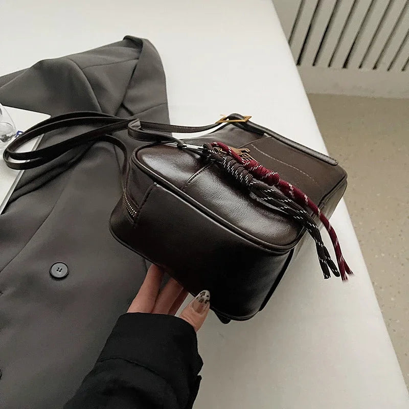 Luxury Black PU Leather Crossbody Bag for Women - Golden Buckle Strap & Red/Black Plaid Tassel, Y2K Underarm Bags Work Bag