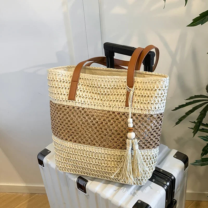 Color-blocked Linen Knitting Fashion Shoulder Bag Hollow Large Capacity Zipper Casual Tote Hot Sale Bags for Women Bolsa Mujer