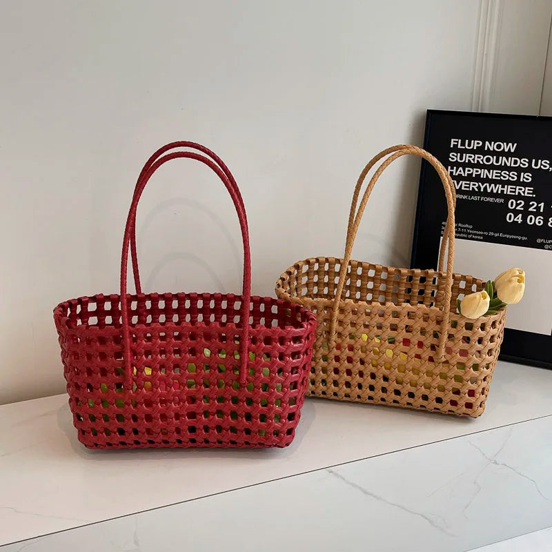 LEFTSIDE Small Solid Color Weave Tote Bags for Women 2025 Fashion Summer Shoulder Bags Simple Handbags Hollow Out Beach Bag