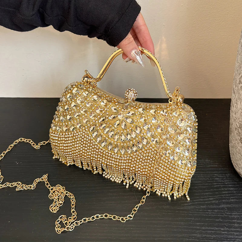 Gold Evening Clutch Bag For Women Luxury Diamond Party Purse Handbag Fashion Tassel Shoulder Crossbody Box Lipstick Bag Designer
