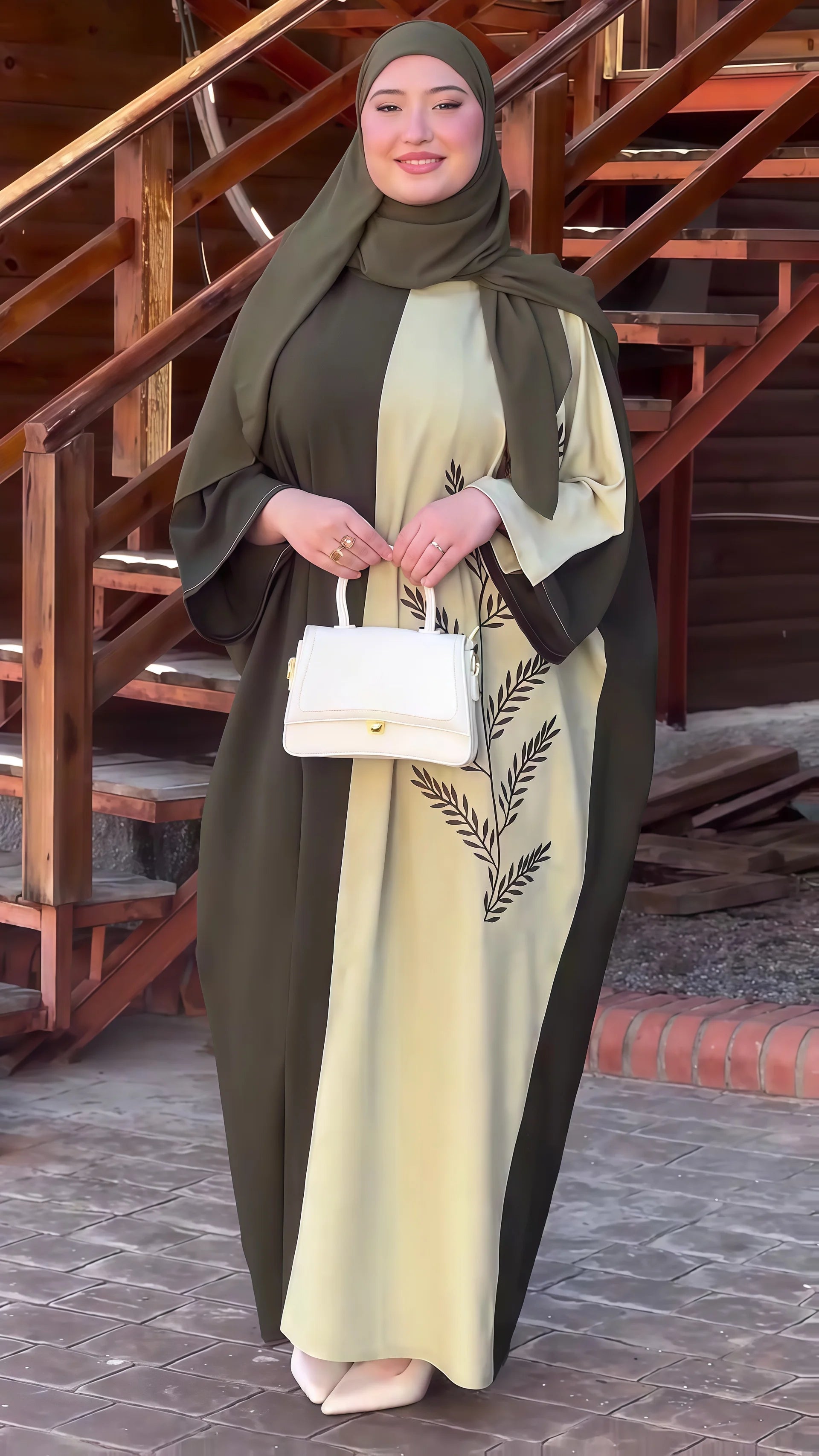 Women's Muslim Abaya Two Tone Olive and Beige with Leaf Embroidery Matching Hijab Elegant and Modest for UAE Saudi Arabia Qatar