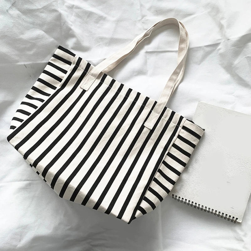 New Beach Tote Bag Fashion Women Canvas Summer Large Capacity Striped Shoulder Bag Tote Handbag Shopping Shoulder Bags ﻿