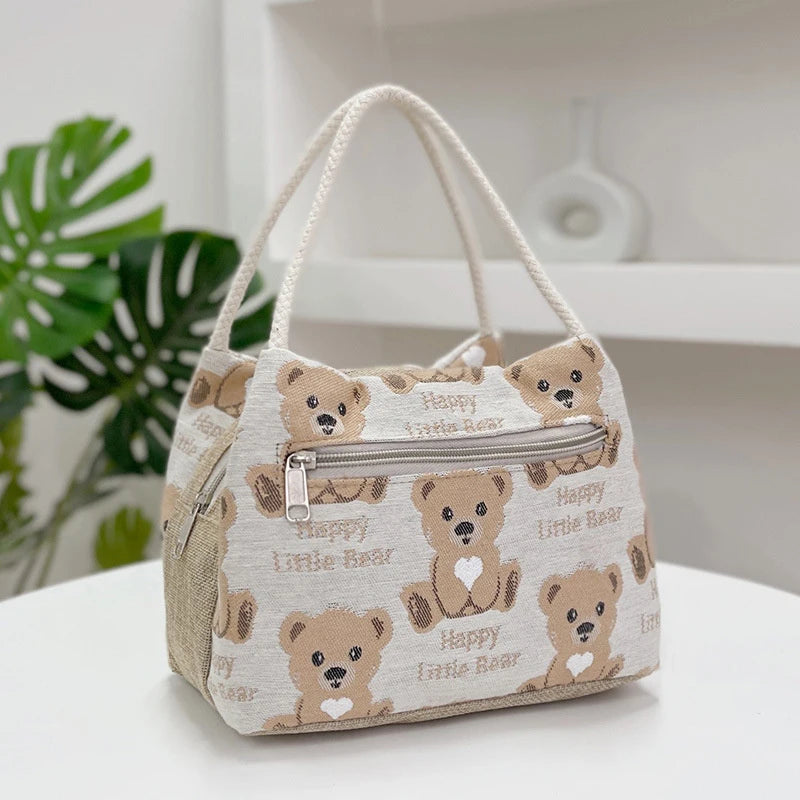 Fashion Cartoon Bear Female Lunch Bag Bag Large Capacity Handheld Picnic Drinks Lunchbox Bag Portable Outdoor Office Food Bag