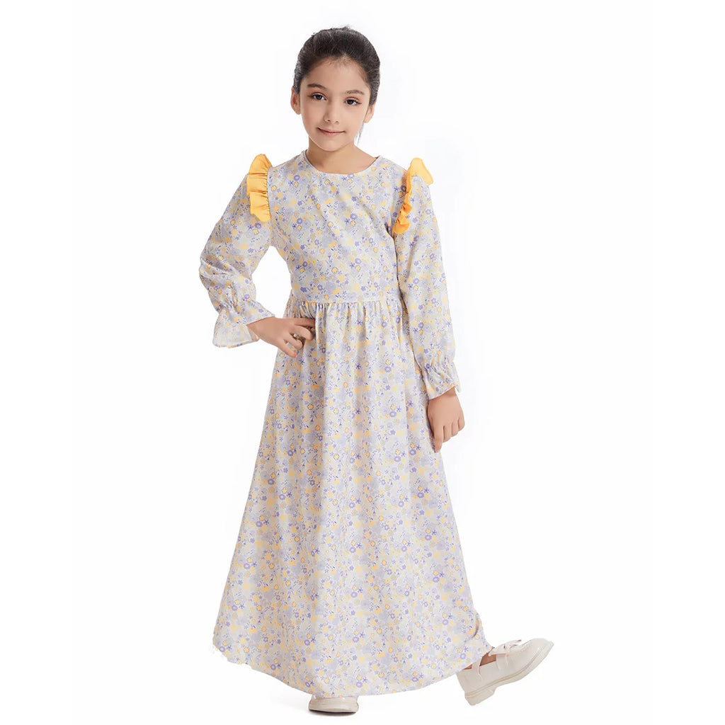 Abaya Girls Long Sleeve Dresses,Muslim Floral Dress for Kids,Conservative Outfits,Full Cover Robe Gown,Children's Beaching Dress