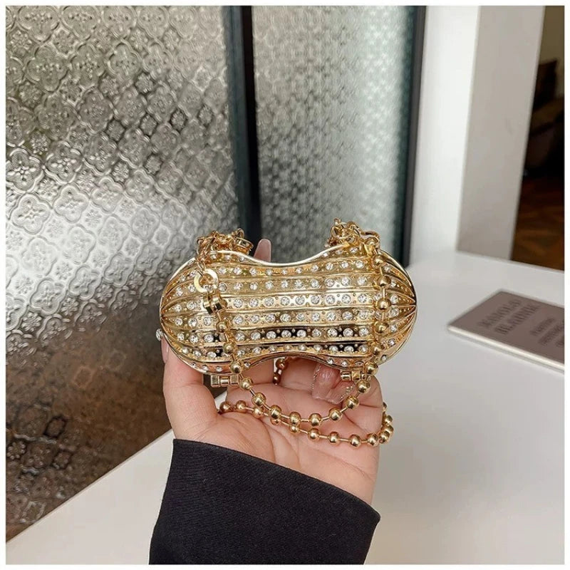 Luxury Diamond Inlay Peanut Shape Crystal Clutch Purse Stones Evening Wedding Party Shoulder Bag Handle Rhinestone Mini Handbags