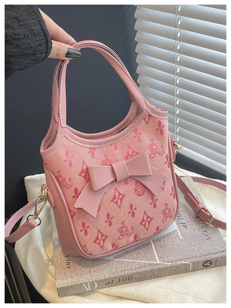 PU Hand-held Bow Bucket Bag Trendy Fashion Shoulder Bag Simple Versatile Women's Bag Commuter