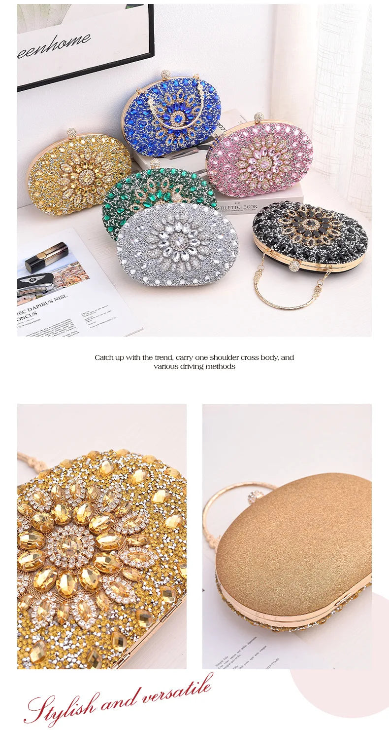 Gold Round Bag Luxury Brand Rhinestone Clutch Bags for Women 2024 Crystals Party Purses Diamond Designer Crossbody Handbags
