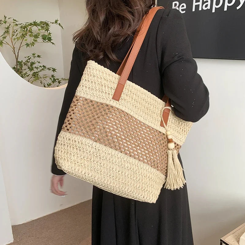 Color-blocked Linen Knitting Fashion Shoulder Bag Hollow Large Capacity Zipper Casual Tote Hot Sale Bags for Women Bolsa Mujer