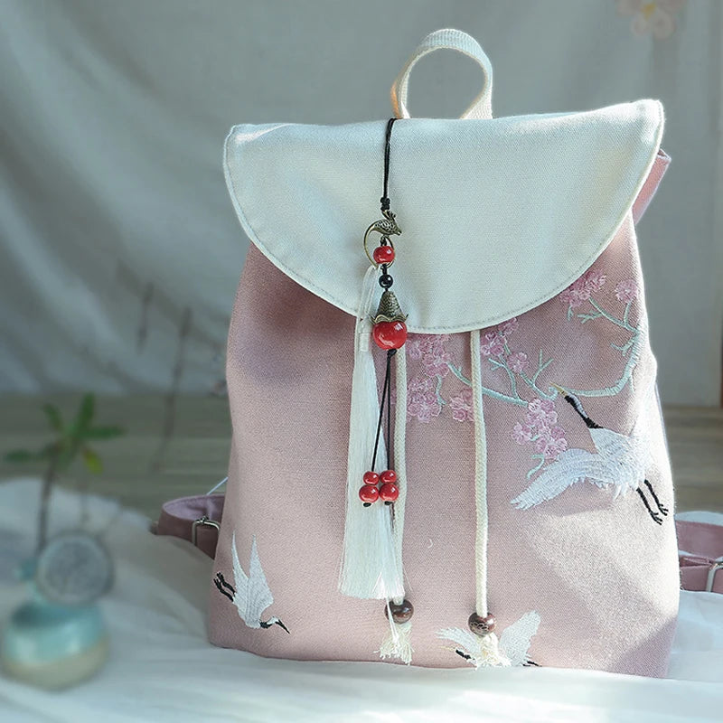 Women's Canvas Embroidered Flower Tassel Backpack Chinese Style Hanfu Casual Pendant Multi Pocket Large Capacity Girls Handbag