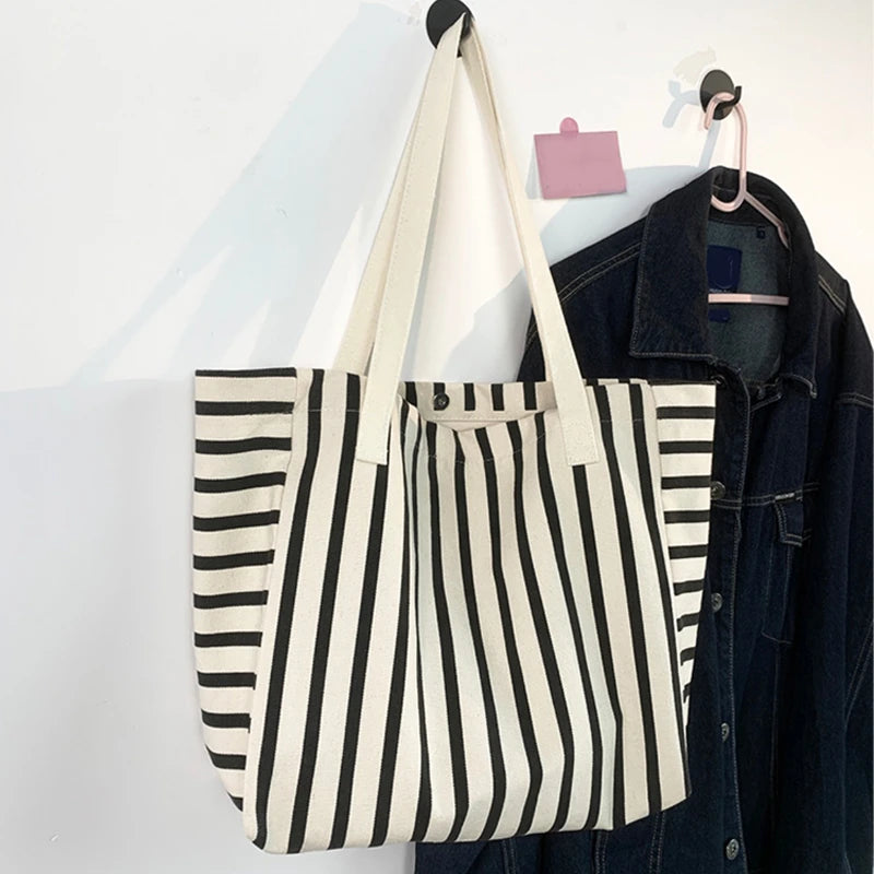 New Beach Tote Bag Fashion Women Canvas Summer Large Capacity Striped Shoulder Bag Tote Handbag Shopping Shoulder Bags ﻿