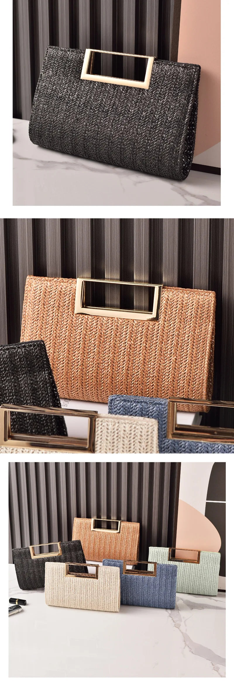 European Style Straw Evening Bag 2025 New Square Buckle Clutch Simple Dinner Bag for Women Shoulder Crossbody Bags