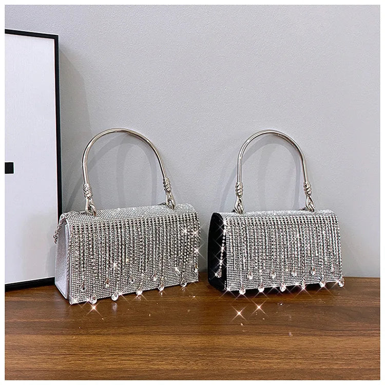 Luxury Golden Shoulder Bag 2025 New for Women, Elegant Rhinestone Clutch Purse, Versatile Crossbody Bag with Adjustable Chain
