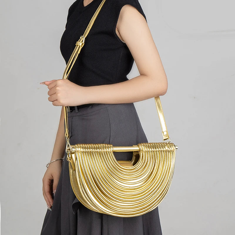 Handbags for Women 2025 New Gold Luxury Designer Brand Handwoven Noodle Bags Half Round Pulled Hobo Silver Evening Clutch Chic