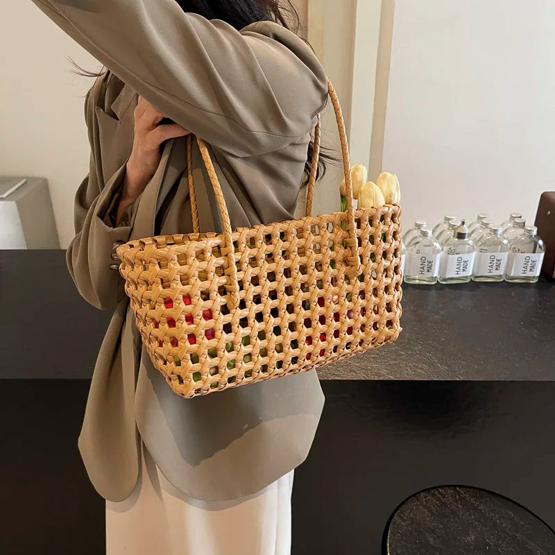 LEFTSIDE Small Solid Color Weave Tote Bags for Women 2025 Fashion Summer Shoulder Bags Simple Handbags Hollow Out Beach Bag