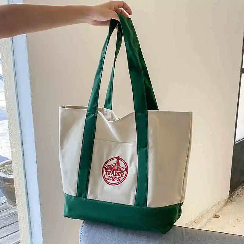 Tr Joe's Large Capaci op Bag Canvas Bag Embroidered Casual Handheld Single oulder Bag Contrast Color Trend Summer