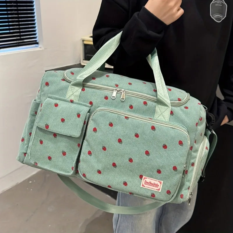 Large Capacity Strawberry Print Duffel Bag with Multiple Compartments - Ideal for Travel, Gym, and Everyday Use, Casual Style