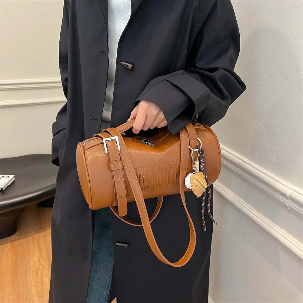 Multifunctional Cylinder Shaped Shoulder Bags For Women 2024 Winter Latest Designer Handbags Luxury Cross Body Bag With Pendant