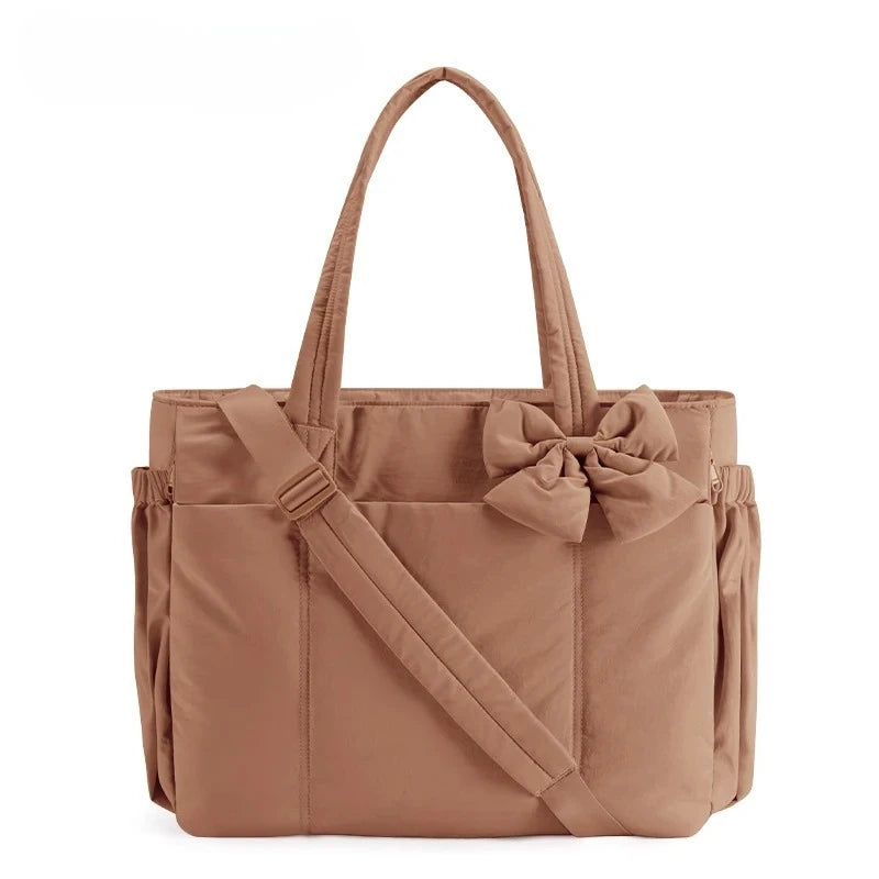BAGSMART Padded Tote Bag With Bow Casual Quilted Padded Women Shoulder Bags Fit 15.6in Laptop Large Capacity Yoga Gym Bags
