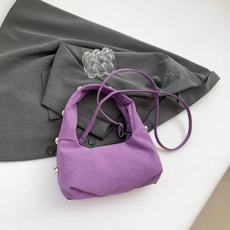 Luxury Purple Handbag For Women Luxury Studded Beading Handbags Wine Red Purse Solid Color Suede Leather Shoulder Crossbody Bags