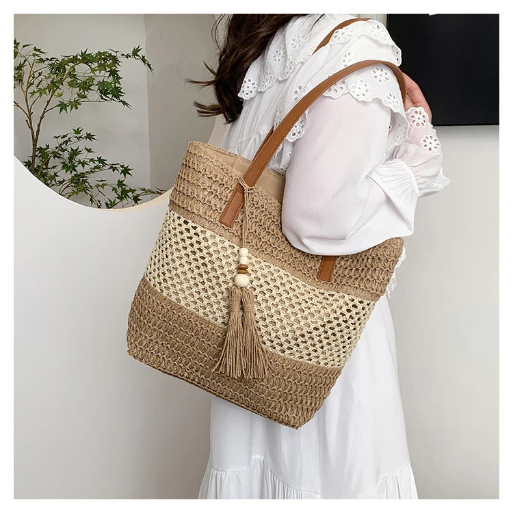 Color-blocked Linen Knitting Fashion Shoulder Bag Hollow Large Capacity Zipper Casual Tote Hot Sale Bags for Women Bolsa Mujer
