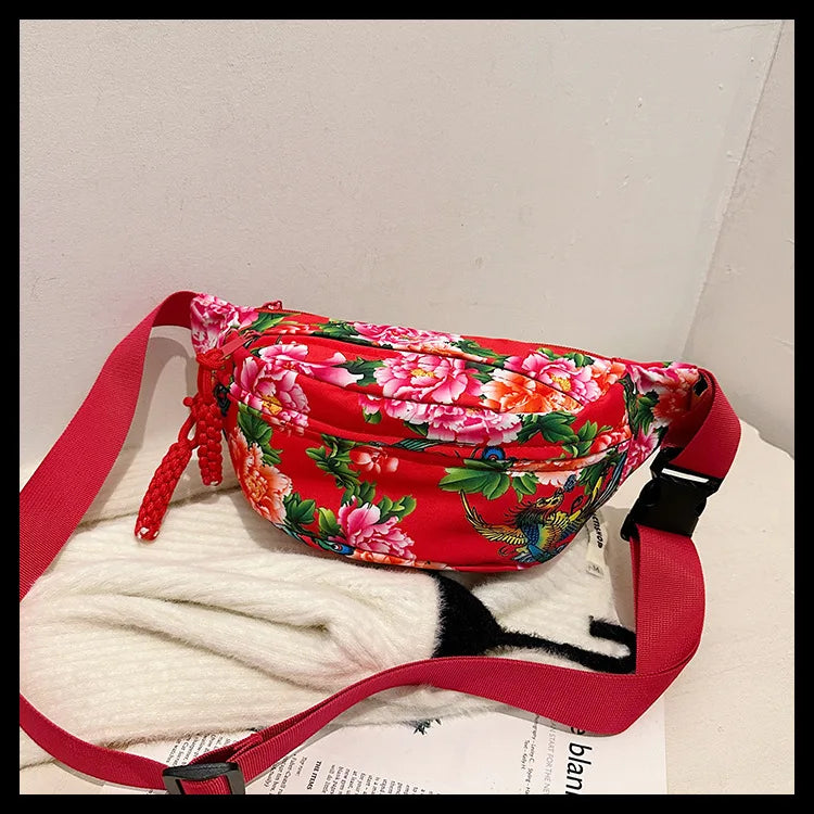Women Fanny Bag Pack Large Flower Nylon Belt Bags Fashion Waist Pack Zipper Bag Adjustable Lightweight Multifunction Waterproof