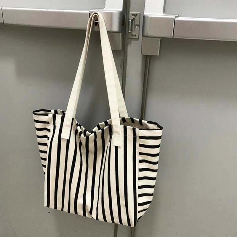 New Beach Tote Bag Fashion Women Canvas Summer Large Capacity Striped Shoulder Bag Tote Handbag Shopping Shoulder Bags ﻿
