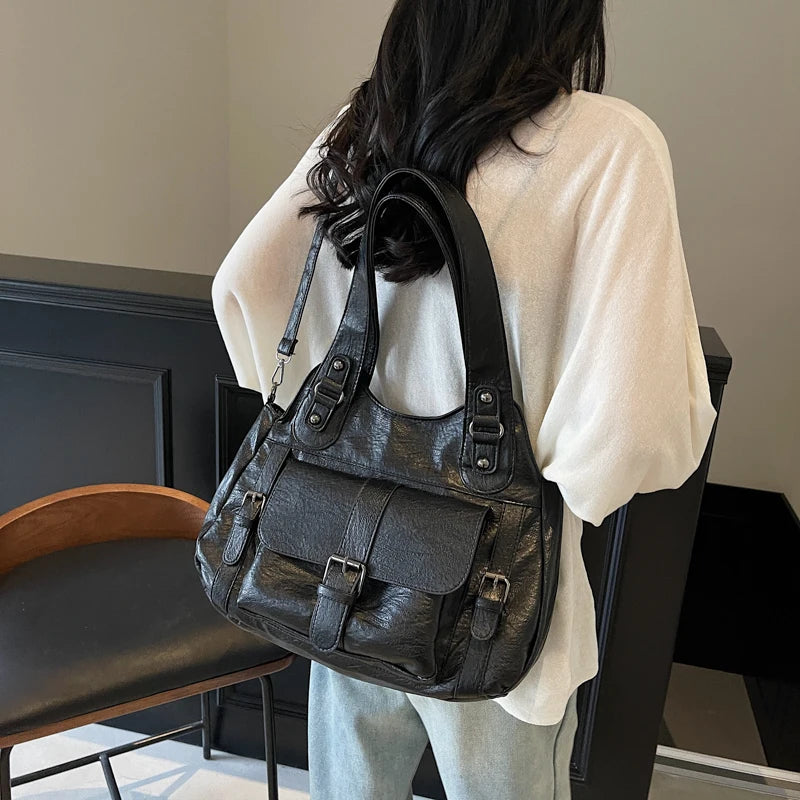 Women Tote Bag Fashion Underarm Pouch Large Capacity Soft Pu Leather Shoulder Bag Retro Crossbody Bag Casual Portable BucketBags