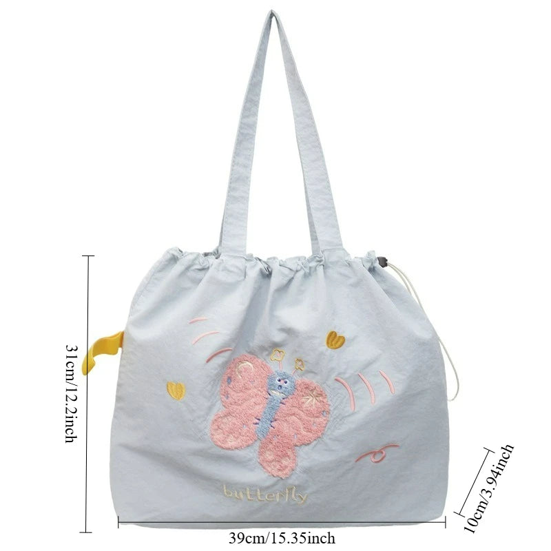 Leisure Large Capacity Single Shoulder Bag Trendy Embroidered Nylon Tote Bag School Style Sweet Handle Bag