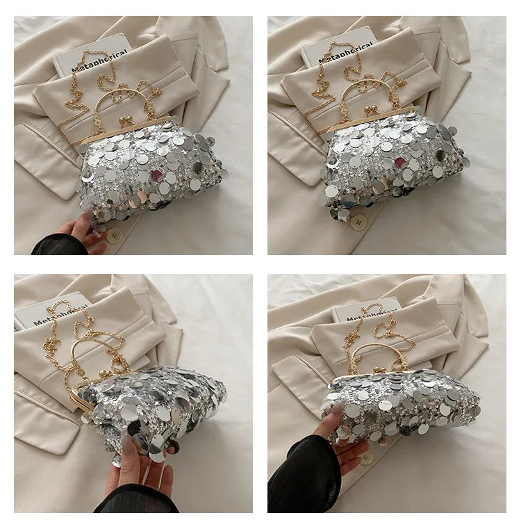 Elegant Sequined Evening Shoulder Bags for Women Solid Color Ladies Clip Chain Crossbody Bag Casual Female Shell Handbags Purse
