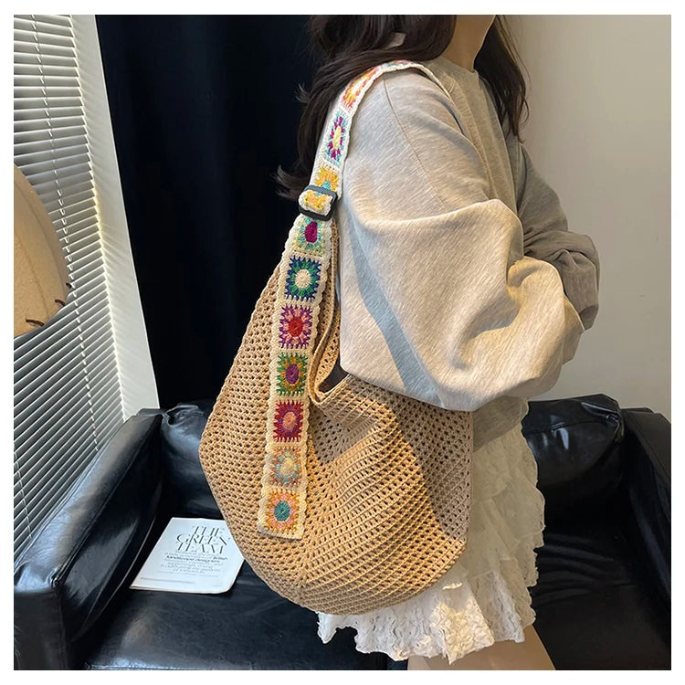 2025 Summer New – Bohemian Fresh Hollow Woven Tote Bag – Large Capacity Single-shoulder for Leisure & Vacation