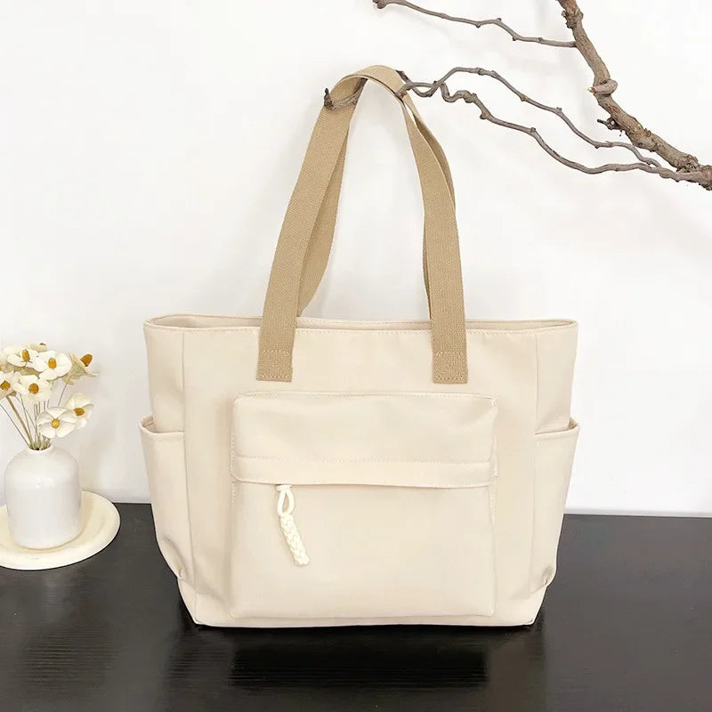 Nylon Tote Bag with Multiple Pocket Lightweight Foldable Design for Office Commute Shopping Fitness Storage Handbag Shoulder Bag