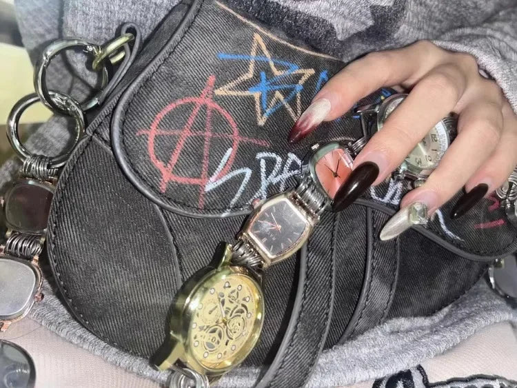 Designer Luxury Saddle Bag Women 2025 New In Fashion Chic Metal Watch Strap Shoulder Bag Trend Graffiti Novelty Female Bags