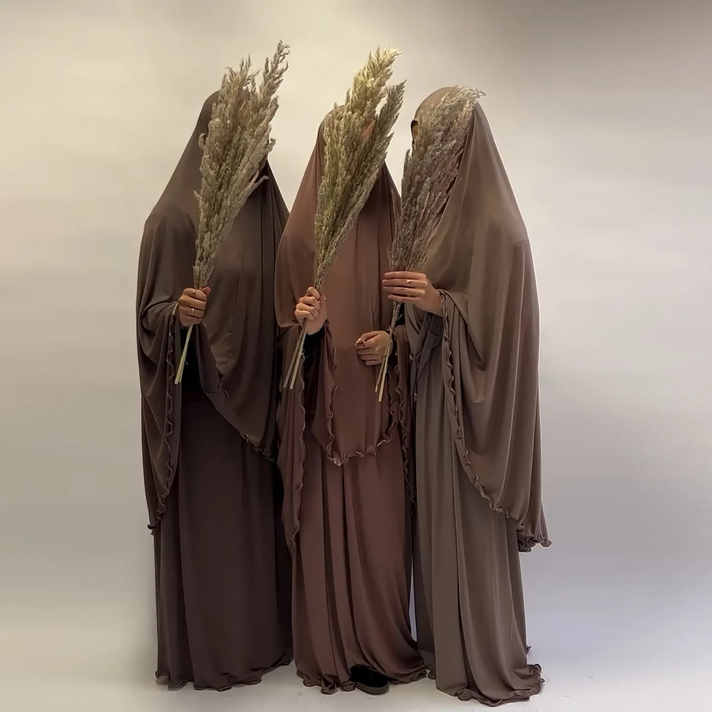 Two Piece Arabic Muslim Women Set Elegant Dubai Hijab Abaya Eid Middle East Prayer Clothes Islamic Khimar Outfit Moroccam Kaftan