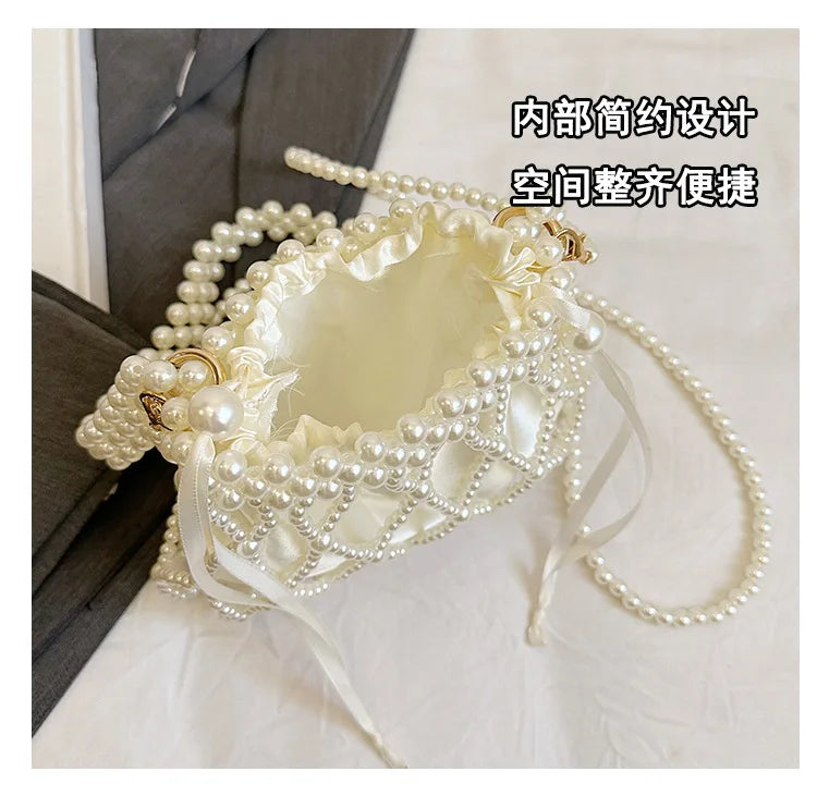 Sweet Girls Fashionable Handmade Pearl Beaded Bag French Style Hollow Out Evening Bag Elegant Single Shoulder Bag Sac A Main