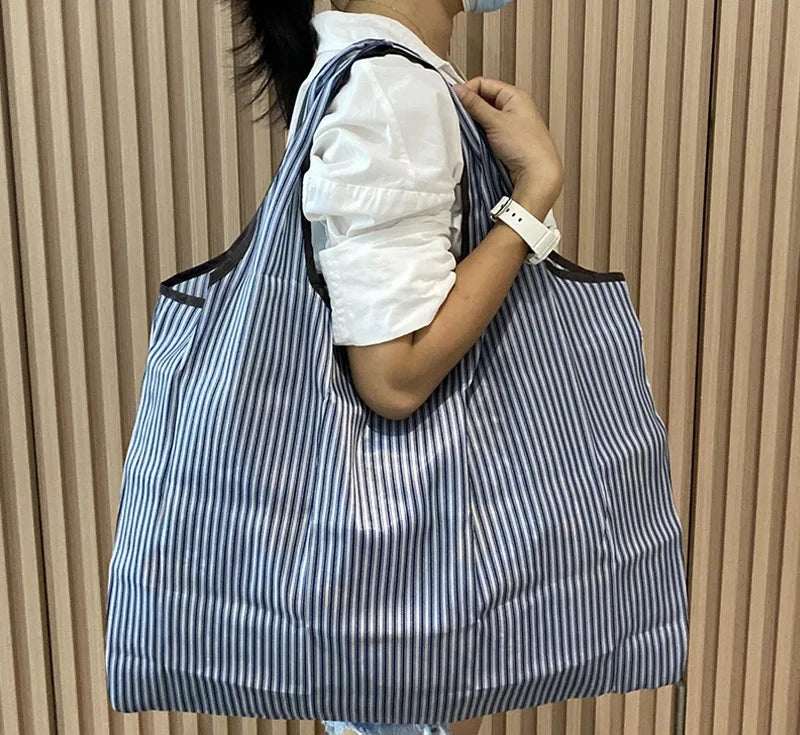 Fashion Pocket Tote Women Bag Eco-Friendly Folding Shopping Bag Reusable Portable Shoulder Handbag for Travel Supermarket