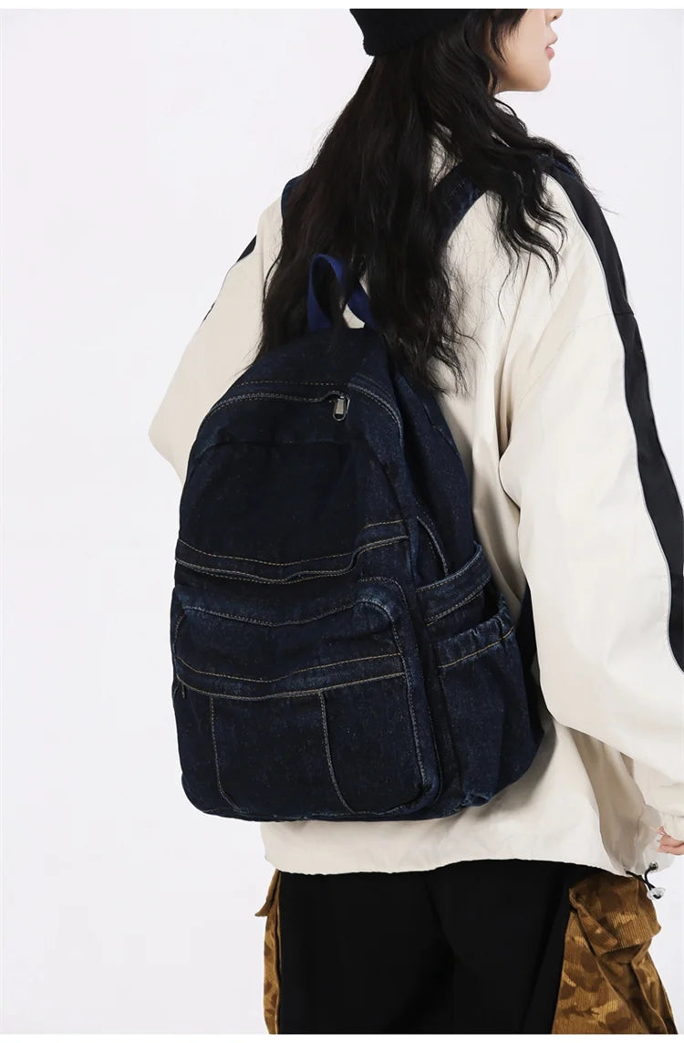 Blue Denim Backpacks For Women 100% Cotton Leisure Or Travel Bags Unisex Large Capacity Canvas Satchels Cloth Korea School Bags