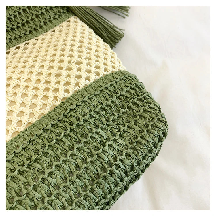 Color-blocked Linen Knitting Fashion Shoulder Bag Hollow Large Capacity Zipper Casual Tote Hot Sale Bags for Women Bolsa Mujer