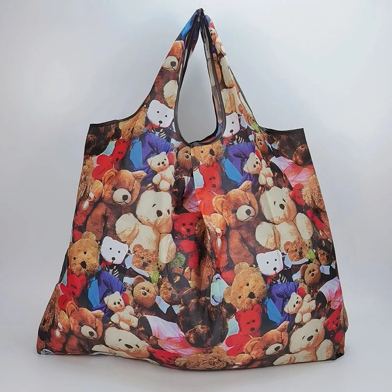 Fashion Pocket Tote Women Bag Eco-Friendly Folding Shopping Bag Reusable Portable Shoulder Handbag for Travel Supermarket