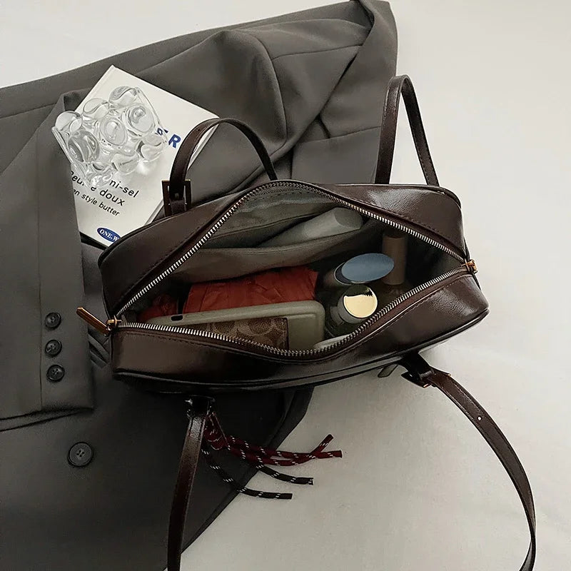 Luxury Black PU Leather Crossbody Bag for Women - Golden Buckle Strap & Red/Black Plaid Tassel, Y2K Underarm Bags Work Bag