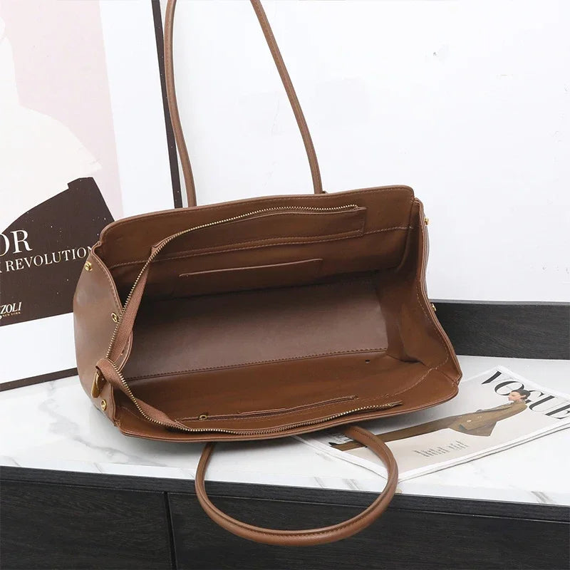 Luxury Brand Silver Buckle Fashion Genuine Leather Handbag New Large Capacity Tote Bag Designer Women's Commuter Shoulder Bag
