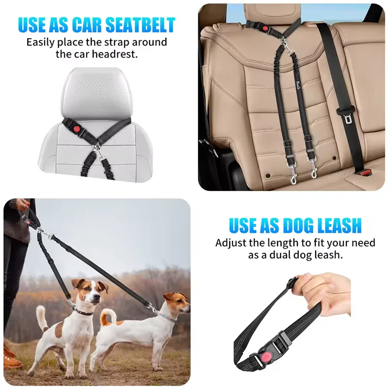 Multi-functional Dog Seat Belt for Car Pet Car Headrest Restraint Safety Seatbelt Reflective Adjust Elastic Bungee Dog Leash