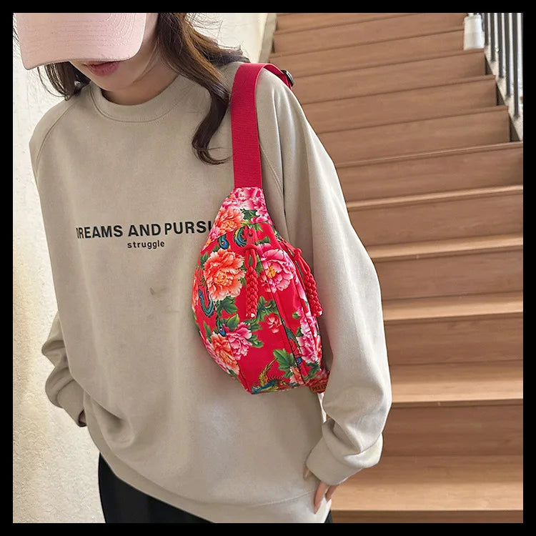 Women Fanny Bag Pack Large Flower Nylon Belt Bags Fashion Waist Pack Zipper Bag Adjustable Lightweight Multifunction Waterproof
